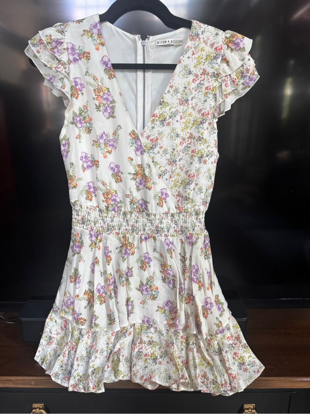 Alice + Olivia White Floral Ruffle Mini Dress with Lavender Blooms